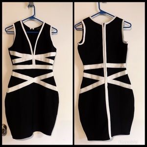 Black and white Dress with deep V neck.